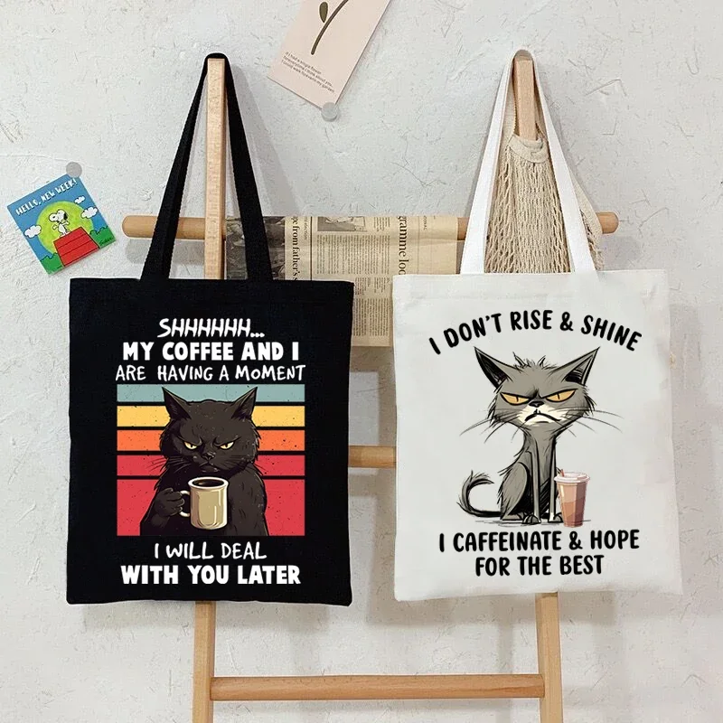 2024 Women\'s Shoulder Handbags Coffee Black Cats Print Large Capacity Shopping Bag Girls Canvas Tote Bag Reusable Foldable Bags