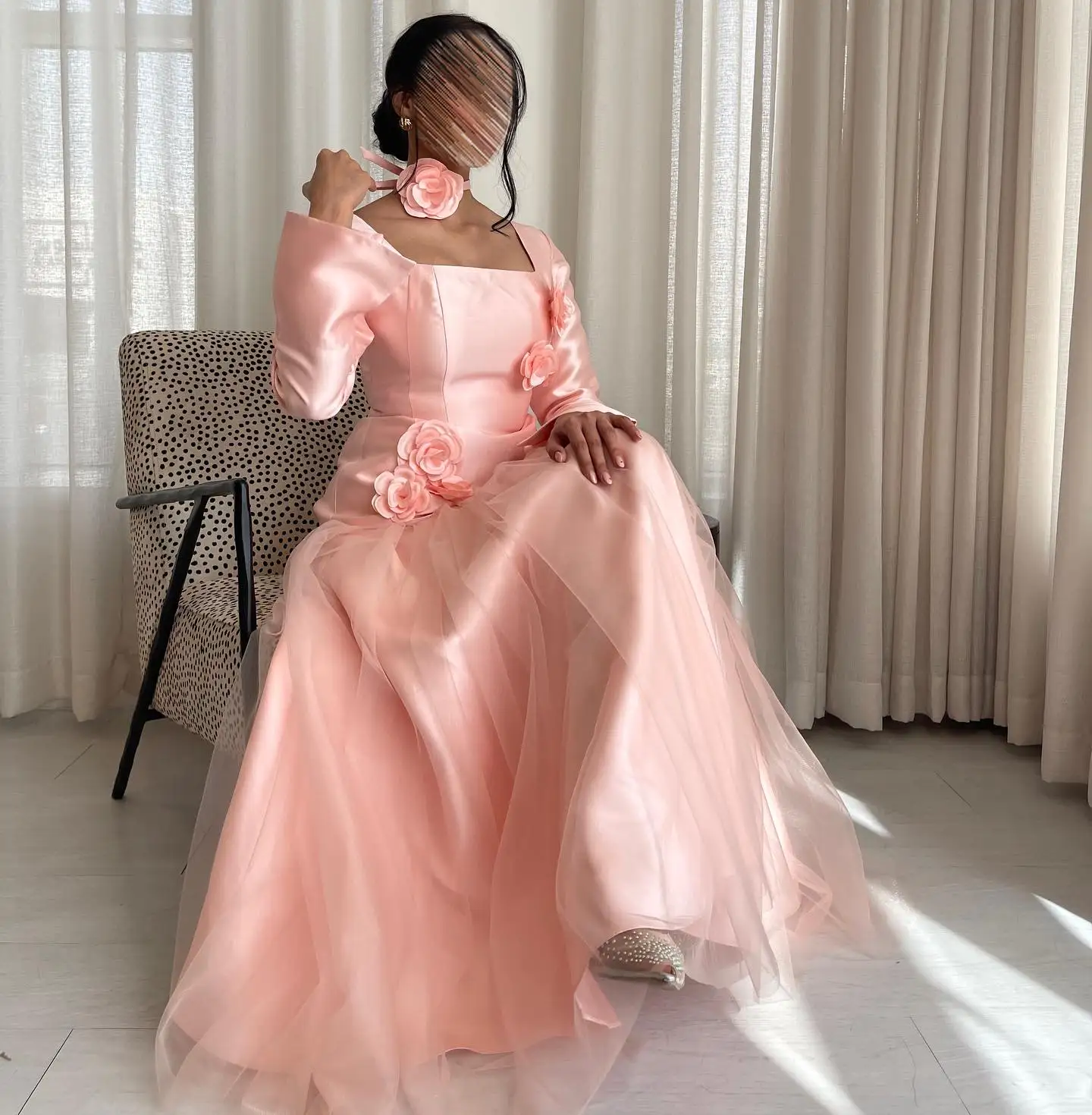 Customized High Quality Satin 3D Flowers Evening Dresses Exquisite Long Sleeves Square Neck Prom Dress Custom Size Par