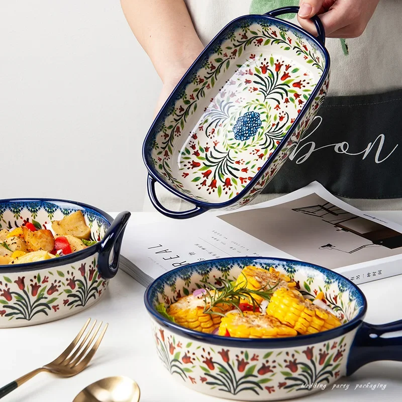 Ceramic Soup Bowls Retro Bakeware Hand-Painted Kitchen Tableware Salad Dessert Steak Pasta Plate Household Fruit Tray Decoration
