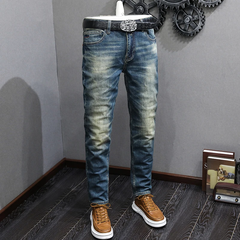 European Vintage Fashion Men Jeans High Quality Retro Blue Slim Fit Ripped Jeans Men Elastic Casual Designer Denim Pants Hombre