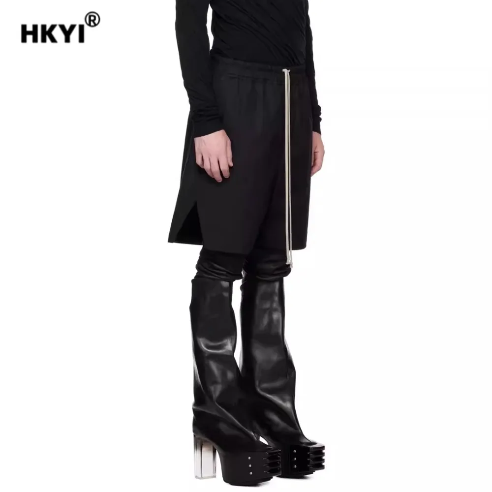 HKYI Men's and Women's Spring/Summer Black Split Five Part Pants with Drawstring Elastic Loose Wide Leg Shorts