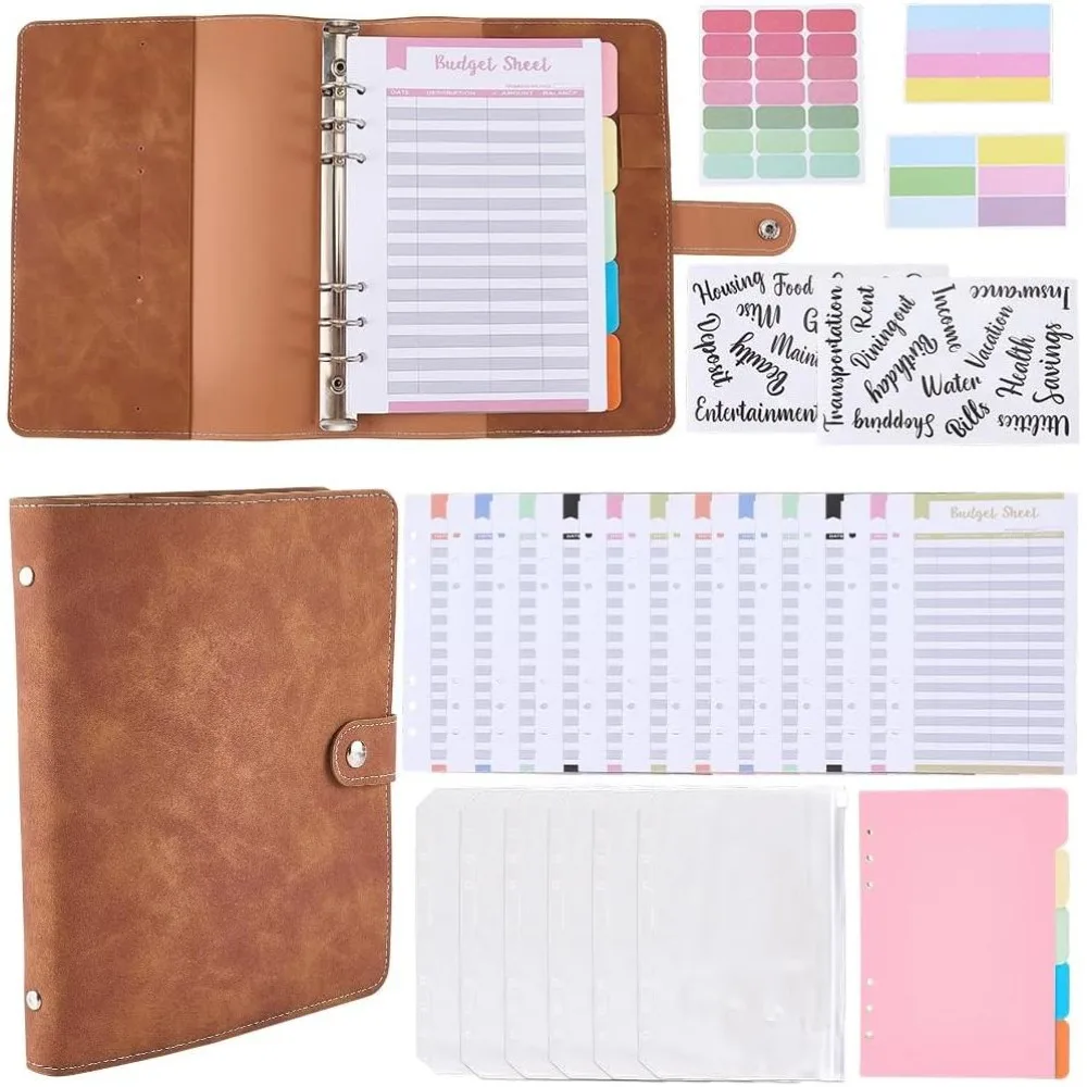 A5 Refillable Soft Cover Travel Journal Notebook PU Leather 6 Ring Planner Cover Loose Leaf Binder with Divider Pocket Binder