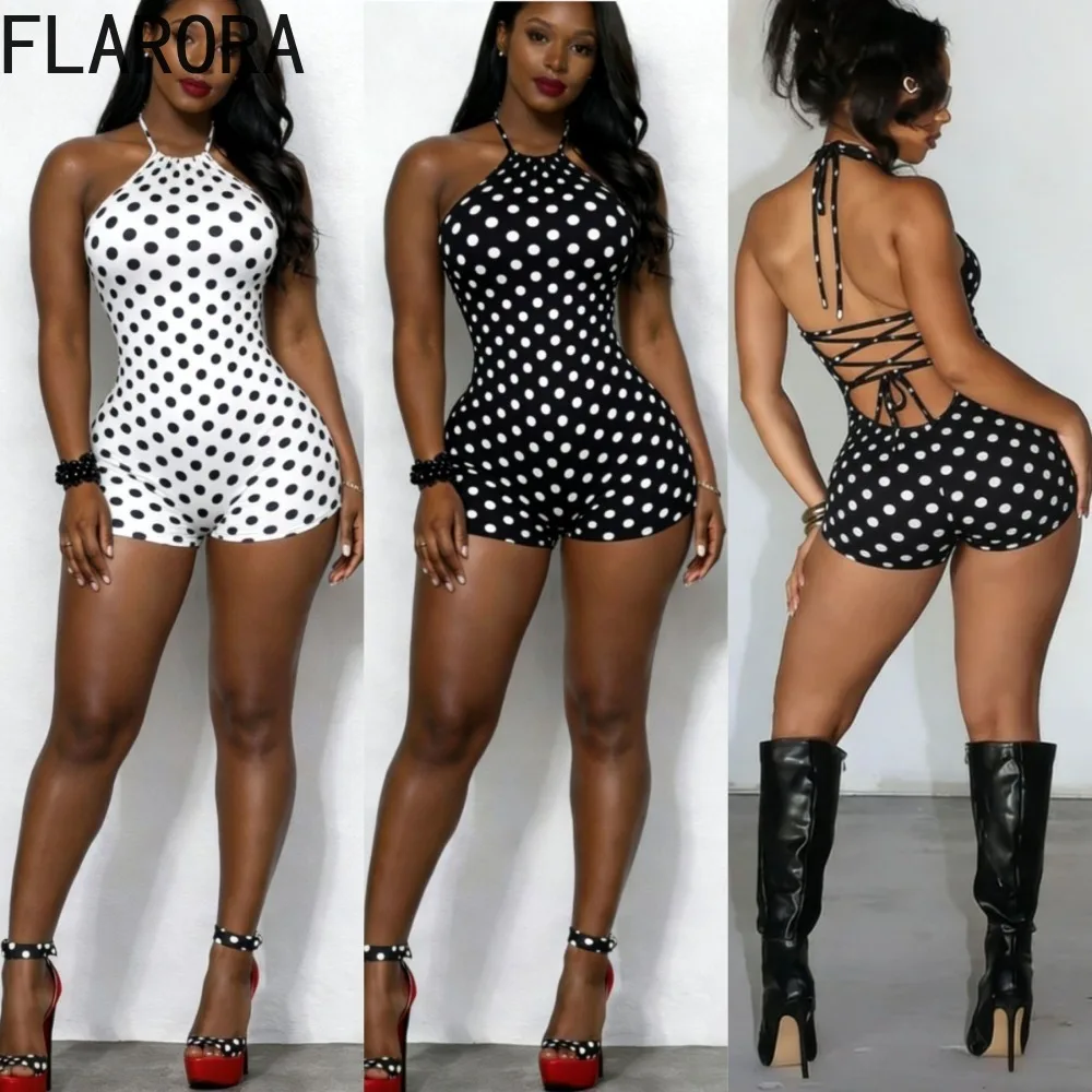 

FLARORA Sexy Polka Dot Print Romper Woman Trend Halter Sleeveless Backless Bandage Skinny Playsuits Female Summer Y2K Streetwear