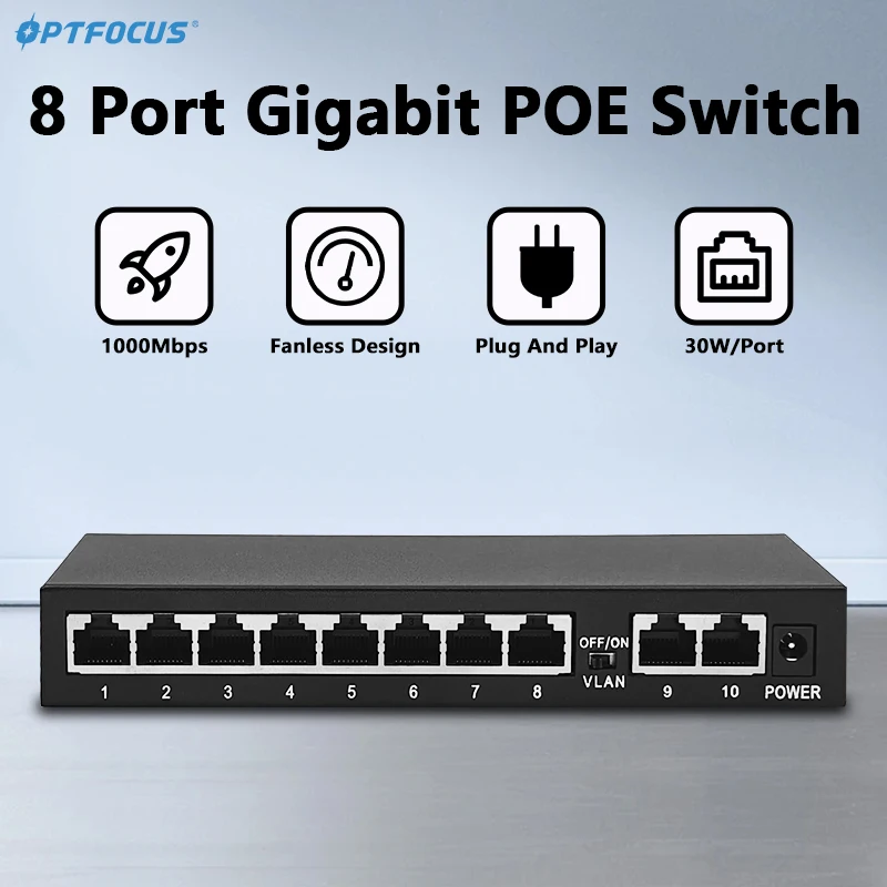 

OPTFOCUS 10 Port Gigabit POE Switch 8 Port POE 2 Port 1000Mbps Uplink 52V 96W RJ45 Ethernet Switch For IP Camera Wireless AP NRV