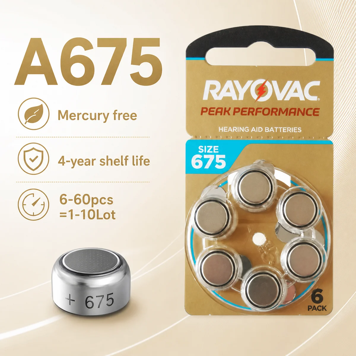 Zinc Air Button Battery A675 675 PR44 1.45V Hearing Aid Replacement Cells 6-60PCS 1-10 Cards Reliable Power Pack