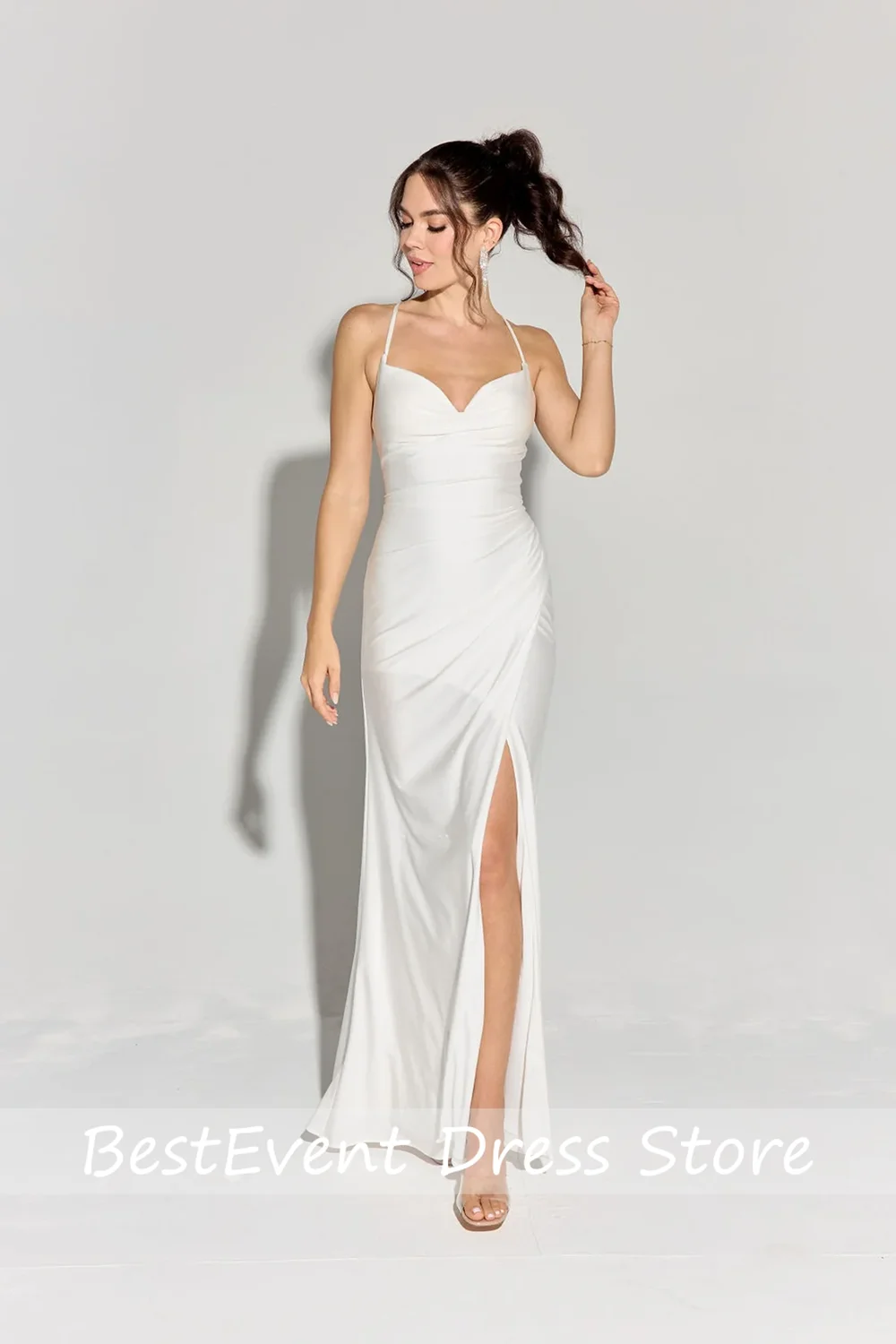 Bespoke Occasion Spaghetti Straps Sequins Shiny Pleate Bridesmaid Dress Backless Side Slit Floor Length Sheath Evening Gown