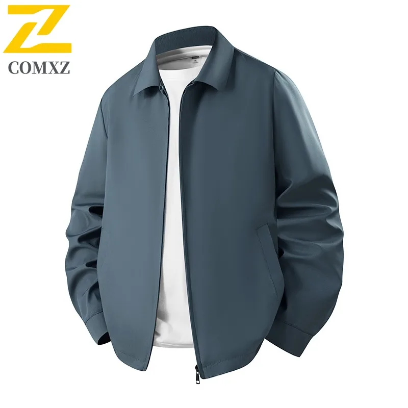 معطف خريفي للرجال من COMXZ متعدد الوظائف وياقة واقفة للأعمال سترة واقية خفيفة غير رسمية بتصميم لون نقي ملابس خارجية خفيفة الوزن