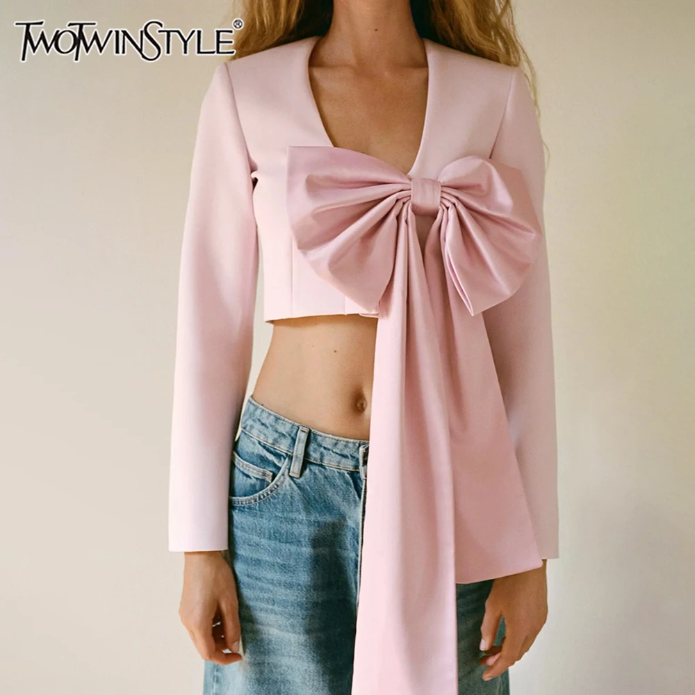 TWOTWINSTYLE Solidne płaszcze z temperamentem dla kobiet V Neck Długi rękaw Spliced Bowknot Szykowna krótka marynarka Moda damska Nowa odzież