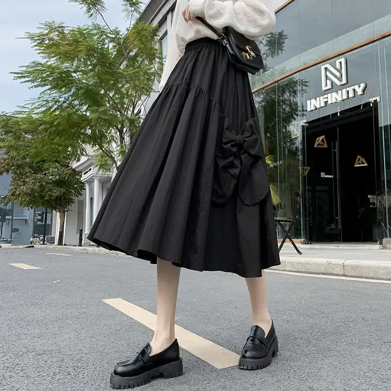 A-line Midi Skirts Women Summer Bow Sweet Heart Princess Solid Chic Hot Preppy Style High Waist Student Fashion Ins Faldas Mujer