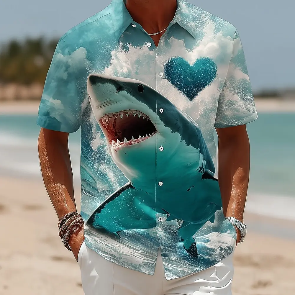 Men's Shark Heart Wave Print Shirt, Cute Romantic Ocean Style Shirt for Summer Date, Beach Trip, Casual Outings & Streetwear