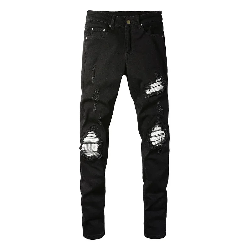 Trendy High Street Ripped Silver Patch Stretch-trim High-street Small-foot Jeans Men