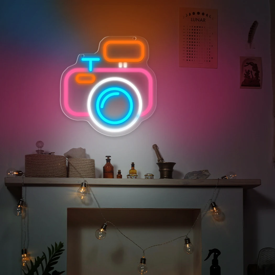 Insegne al neon per fotocamera Luce al neon a LED per galeria di studi fotografici Mostra fotografica Sala d'arte Ristorante Bar Decorazione da parete per stanza