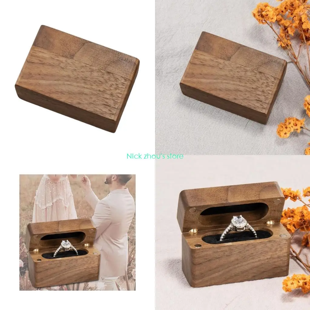 

E15E Protective Black Walnut Ring Case Jewelry Display Box For Engagement Bands