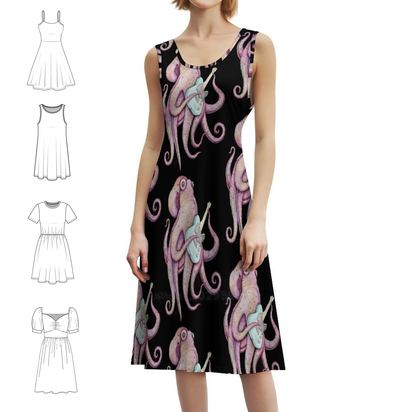 فستان بوهيمي عتيق من Polah-The Ax Welding Octopus-Purple بأكمام منتفخة أو خيارات بدون أكمام للنساء فستان الأخطبوط #1