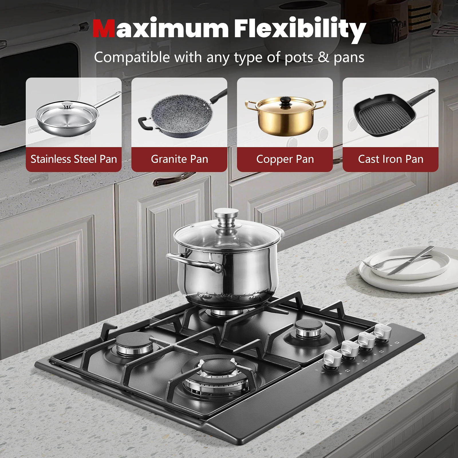 4 شعلات طبق مطلي بالمينا باللون الأسود 58 سم حماية تلقائية من اللهب، غاز طبيعي وغاز البروبان، موقد غاز مدمج #6