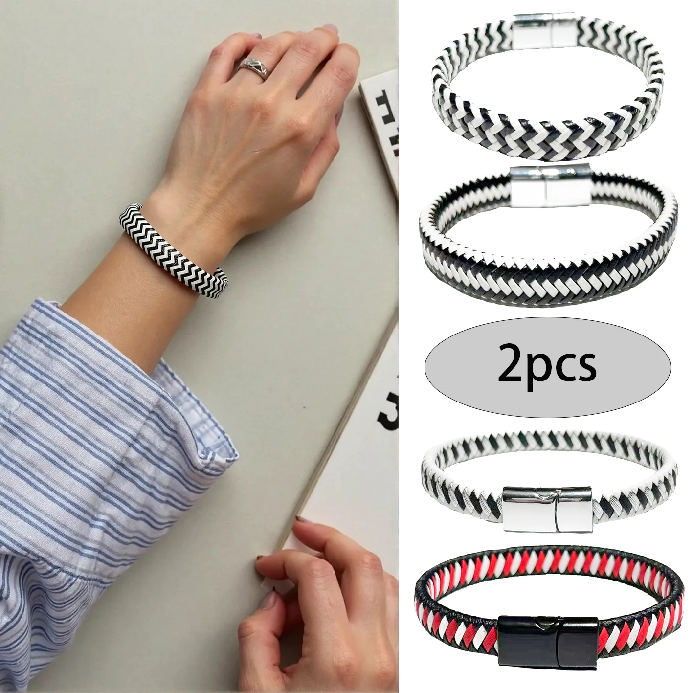 

1/2Pcs New Hand woven Leather Bracelet Black And White Mixing Red And White Mixed Magnetic Buckle Detachable Design for Men Gift