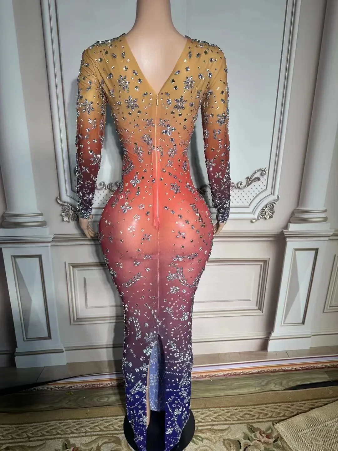 

Long Gown Evening Dress Sexy Purple Diamonds Shiny Dress