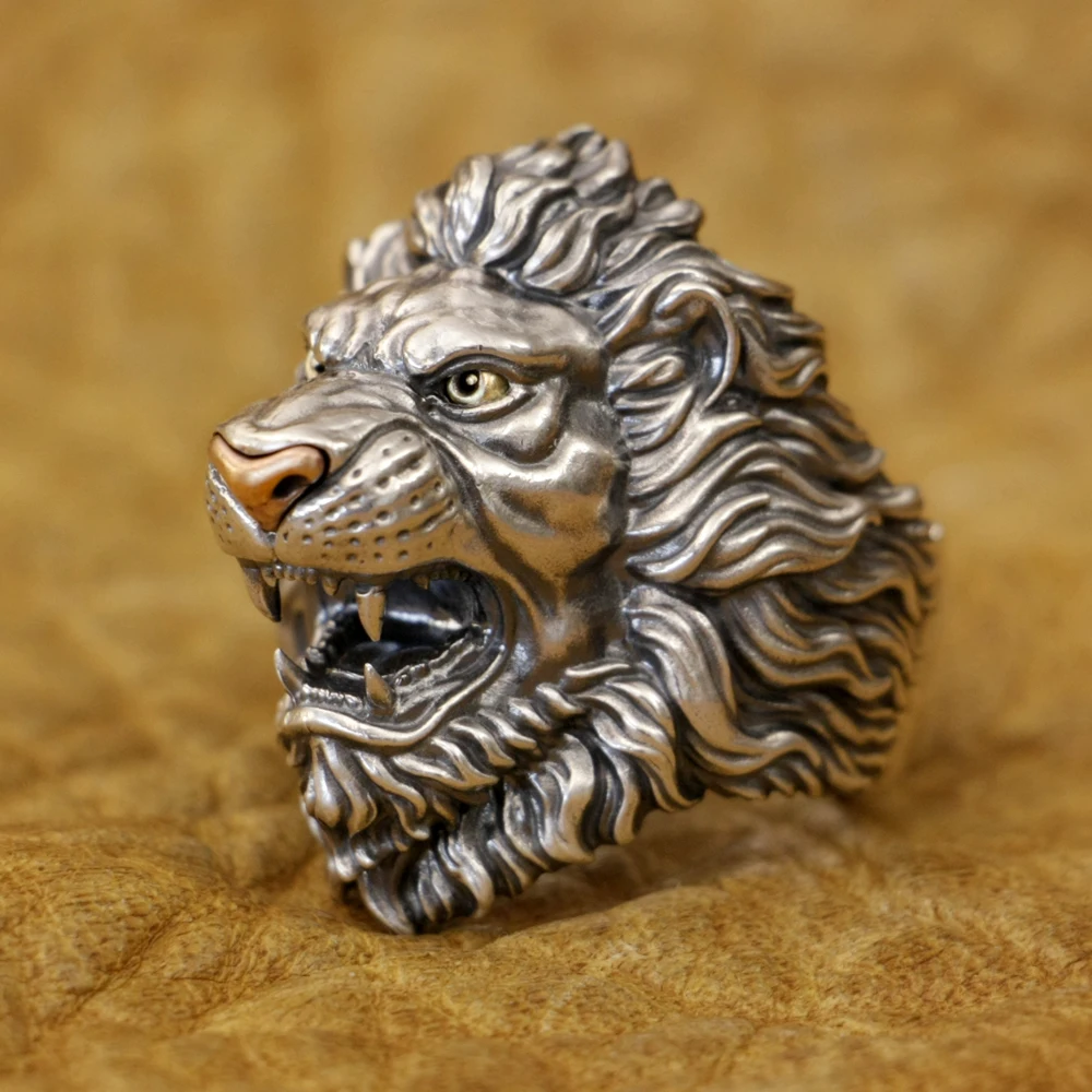 Brass Eyes Copper Nose 925 Sterling Silver King of Lion Adjustable Ring TA432 US Size 8~15