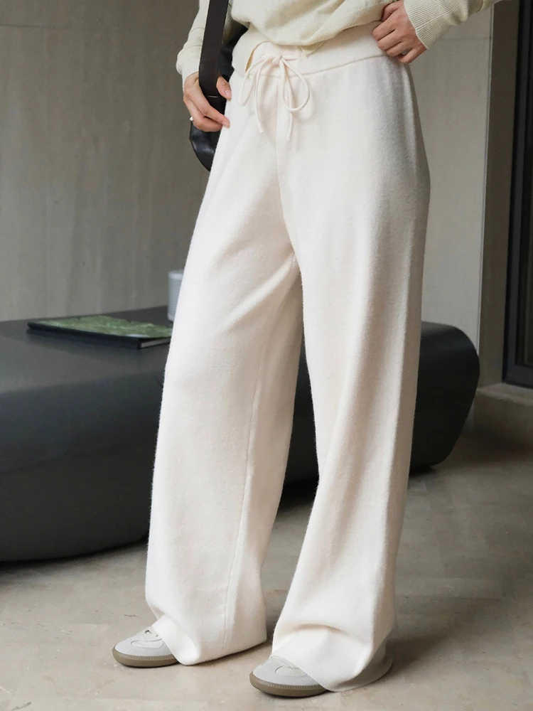 [EAM] High Elastic Waist Gray Drawstring Knitting Wide Leg Pants New Trousers Women Fashion Tide Spring Autumn 2024 1DH7325