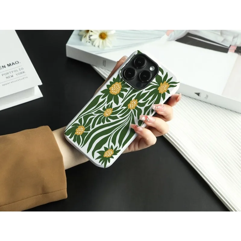 حافظة هاتف مغناطيسية لهاتف آيفون 17 16 15 14 13 12 11 16e Air PRO Plus مطبوعة عباد الشمس الخضراء غطاء مقاوم للصدمات من الأكريليك الصلب