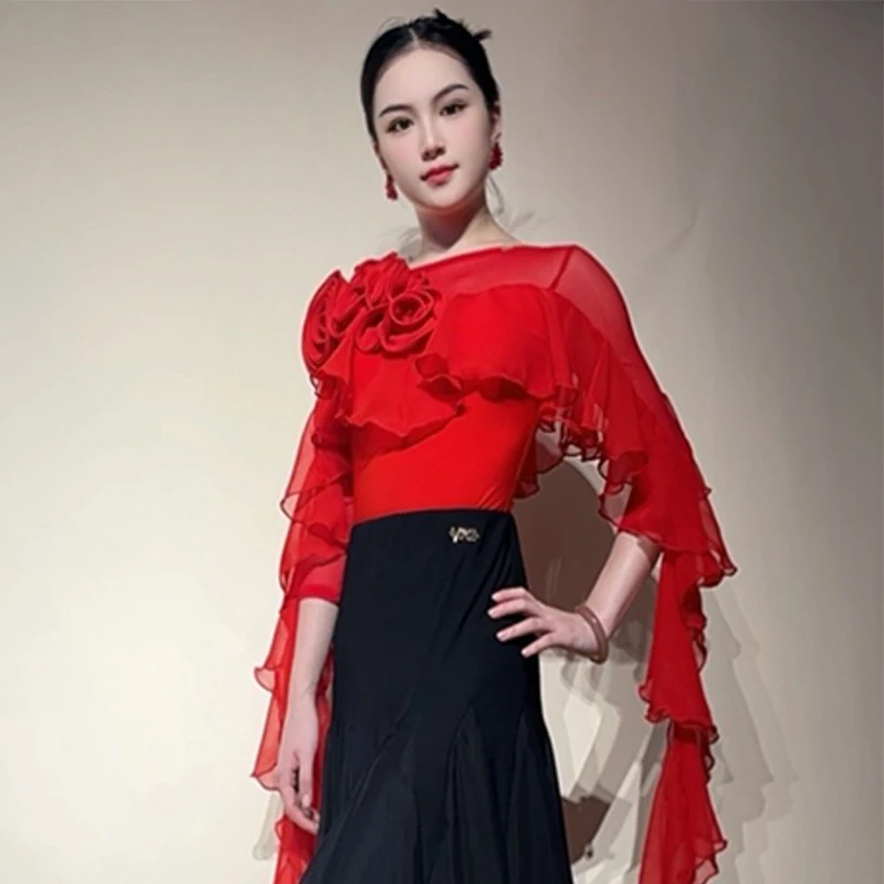 2025 ดอกไม้หรูหรา Ballroom Dance Tops ผู้หญิงบอดี้สูท Waltz Dance เสื้อผ้าคลับ Latin Salsa Dance เสื้อผ้า BL15997