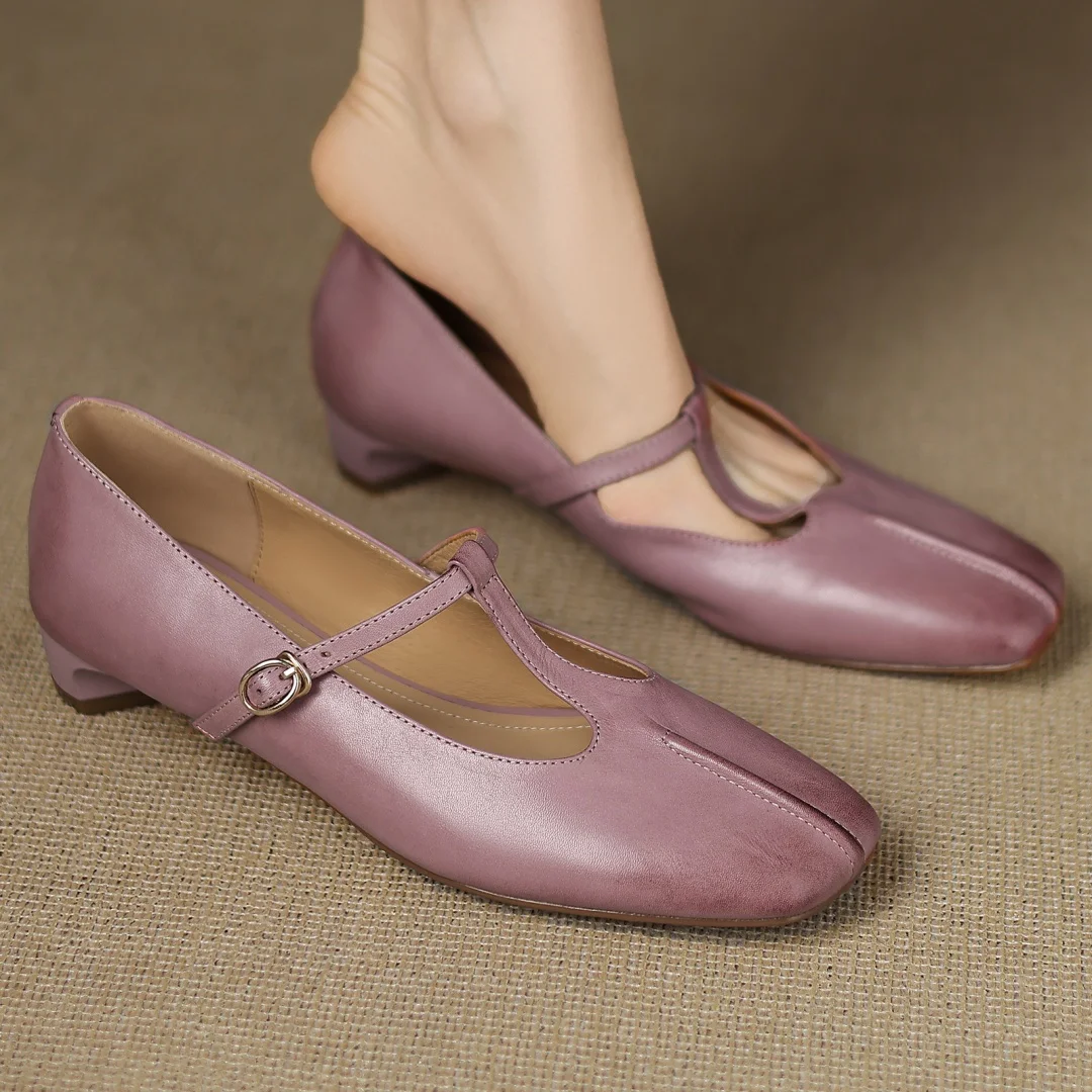 

Women's cow leather narrow band t-strap slip-on kitten heel pumps elegant ladies retro 2.5cm low heel slim daily dress shoes hot