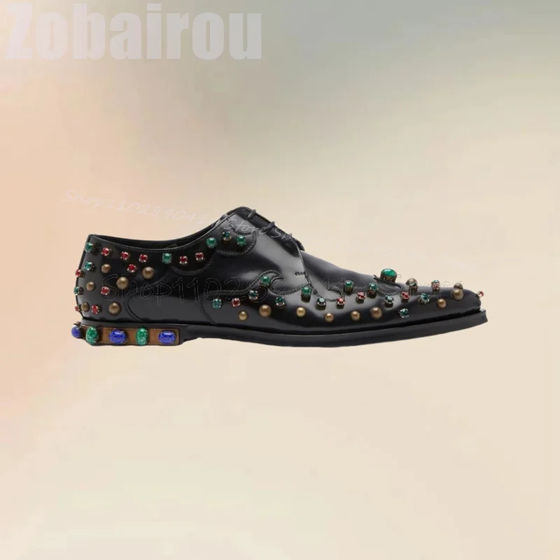 Colorful Beads Decor Black Pointed Toe Men Shoes Fashion Lace Up Male Shoes Luxury Handmade Party Feast Office Men Casual Shoes