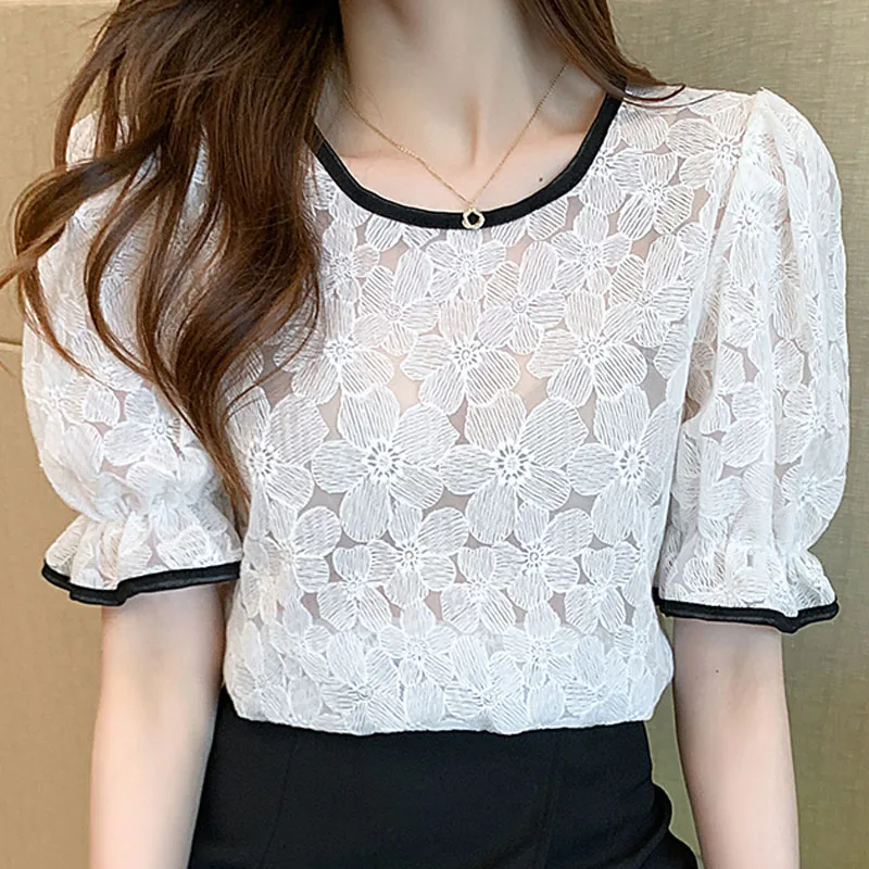 

Lace Top Women's Summer Short Sleeve 2022 New Korean Sweet Mesh Shirts and Blouses Blusa Feminina Pullover Hollow Out White 2748