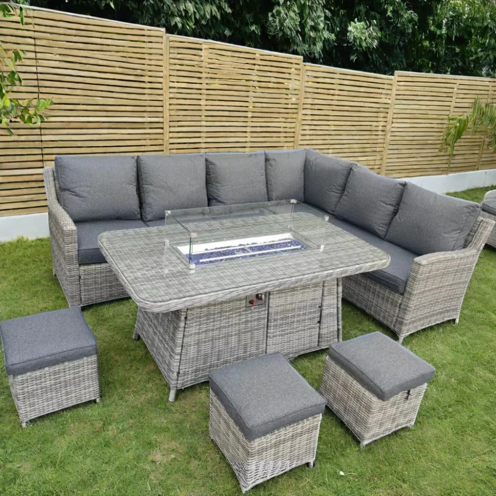 Sectional L shape corner wicker furniture garden rattan dining sofas and outdoor fire pit table