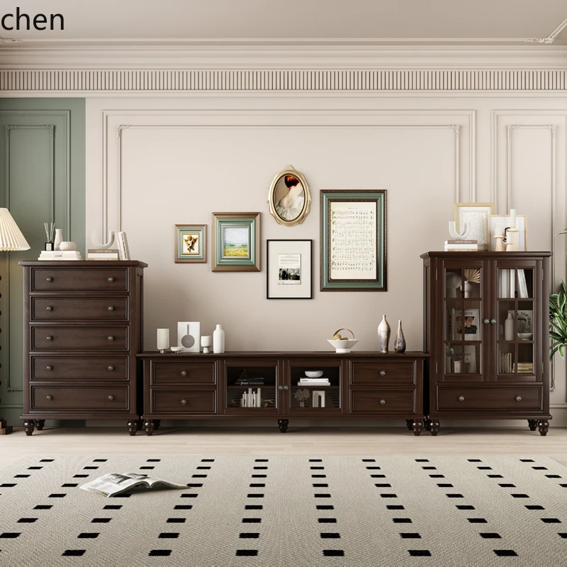 

HXL all-solid wood coffee table TV cabinet combination household pure solid wood retro small apartment floor cabinet