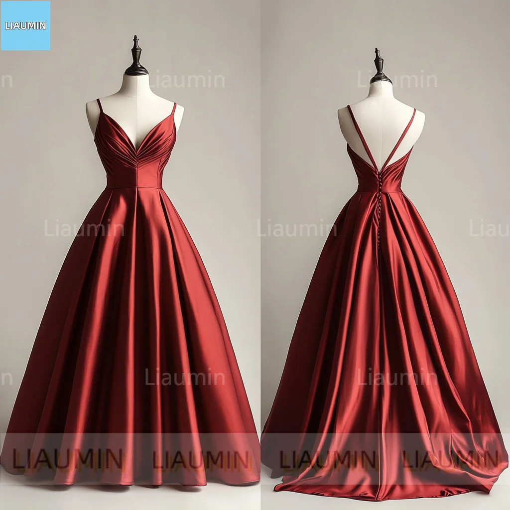 Simple Classic Red Satin Full Length Lace-up Prom Formal Wedding Dresses Evening Bridesmaid Party Clothing Custom Hand Made C-5