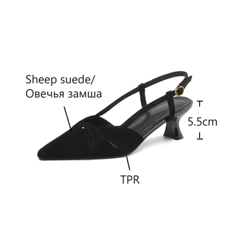 NEW Summer Women Sandals Sheep Suede Leather Shoes for Women Pointed Toe Kitten Heel Shoes Black Cover Toe Slingback Sandals