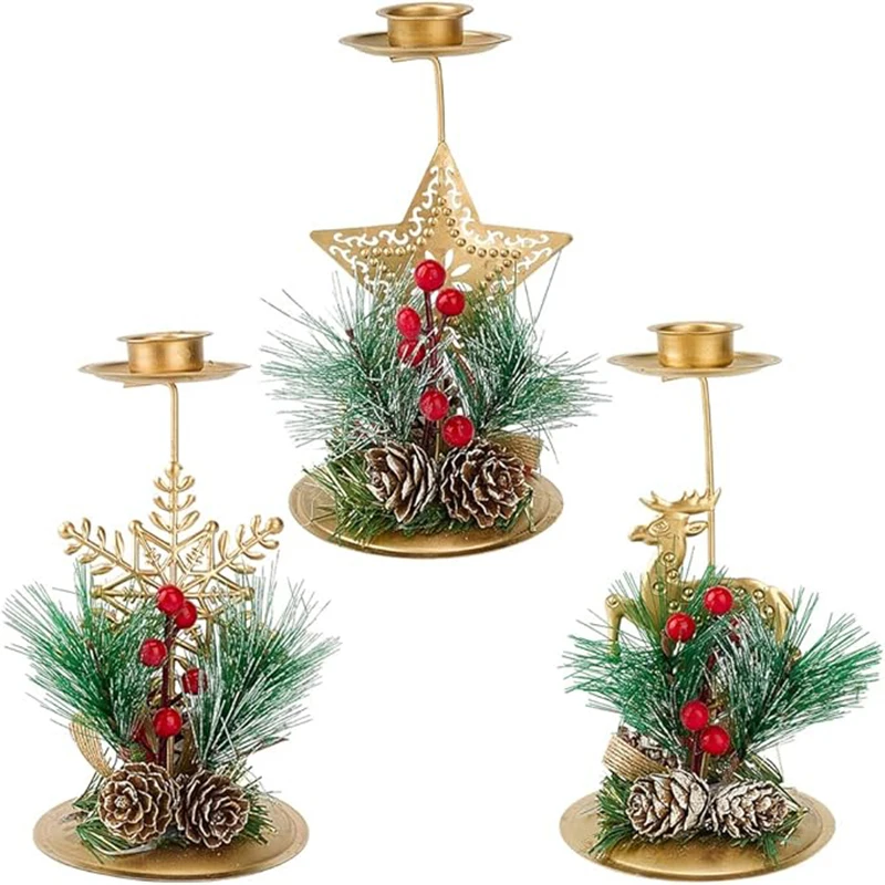 Weihnachtskerzenhalter, goldene Schneeflocken-Kerzenständer mit roten Tannenzapfen für Hochzeiten, Partys, Feiertage, Neujahr, Tischdekorationen