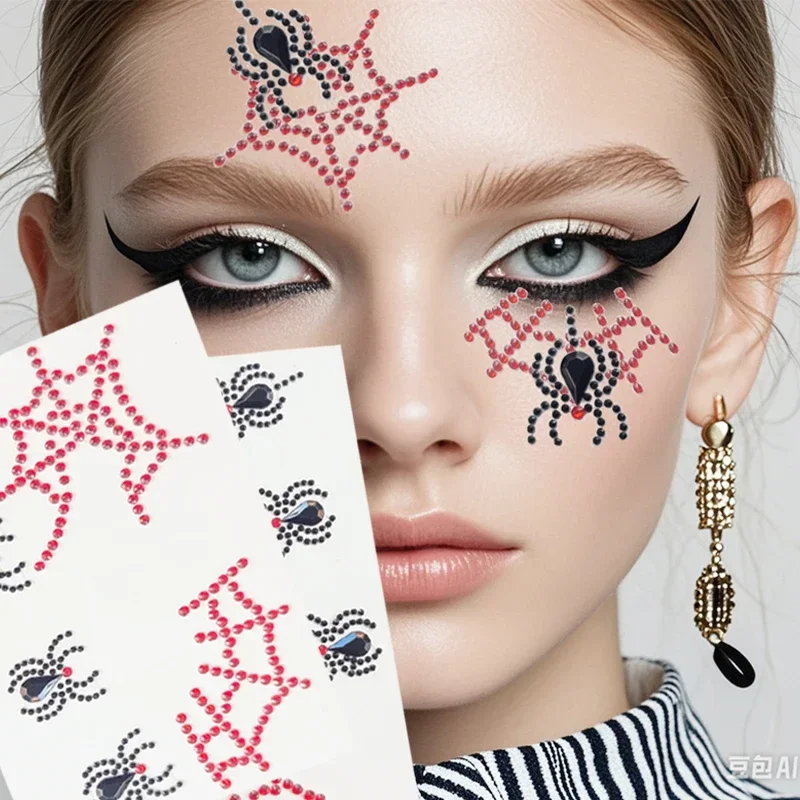 Halloween Fake Tattoo Stickers Red Black Spider web Little spider Stereo Gem Sticker for Carnival Night Clubbing Makeup Body Art