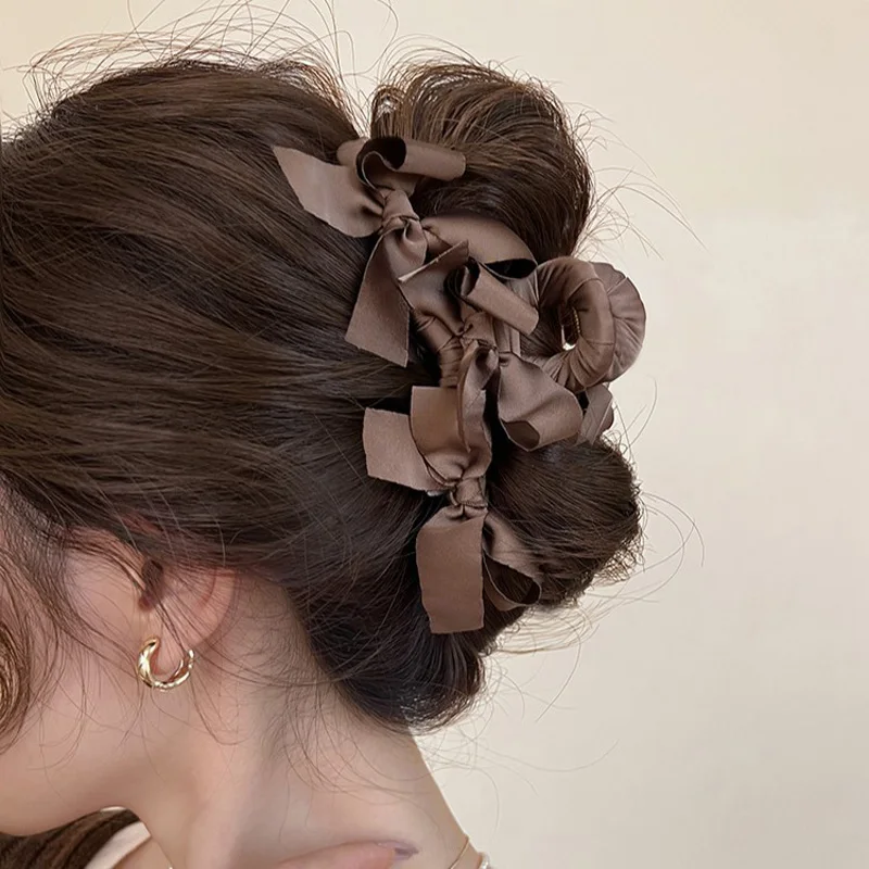 1pc Korean elegant and cute bow clip, new high-end style, large hair volume, shark clip, back of the head disc hair clip