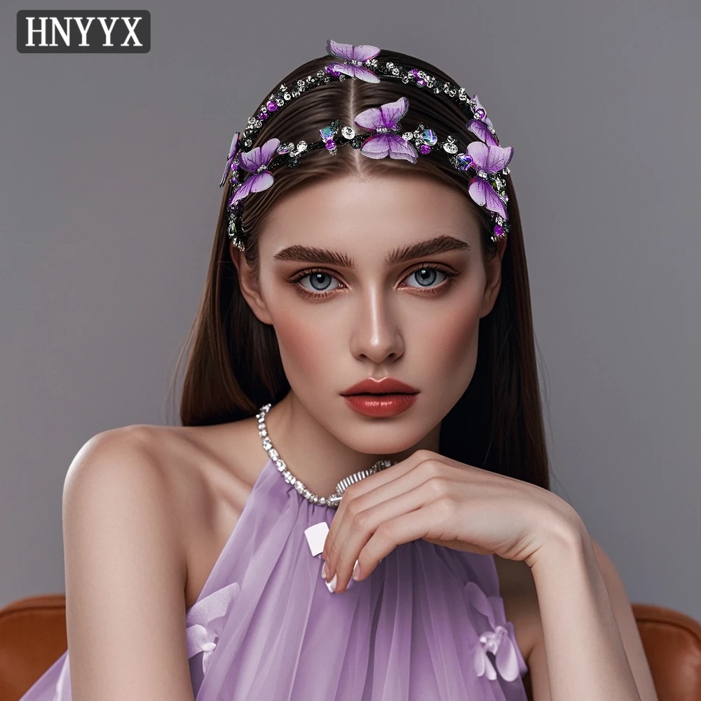 

HNYYX Baroque Purple Rhinestone Head Hoop Retro Double Row Crystal With Butterfly Headdress Bride Wedding Hair Accessories A160