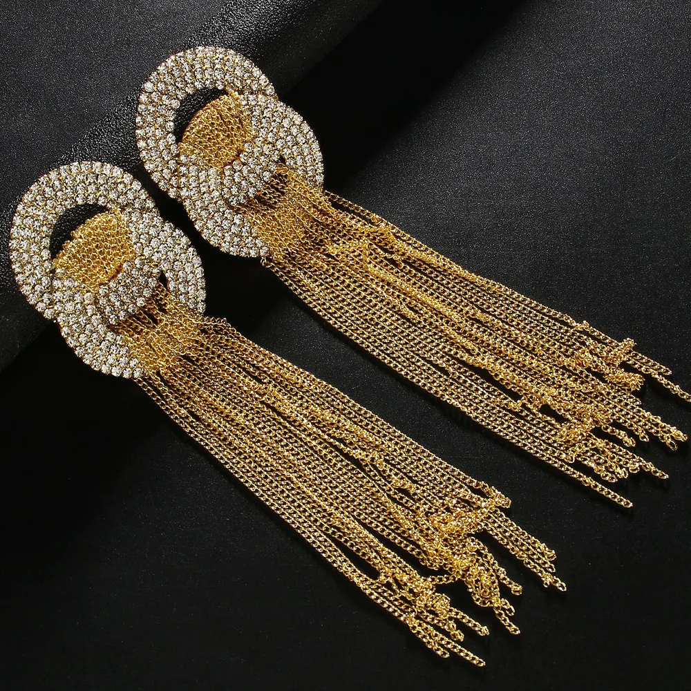 Stonefans Statement Metal Chain Long Tassel Earrings Jewelry for Women 2024 Oversize Rhinestone Round Earrings Double Circle