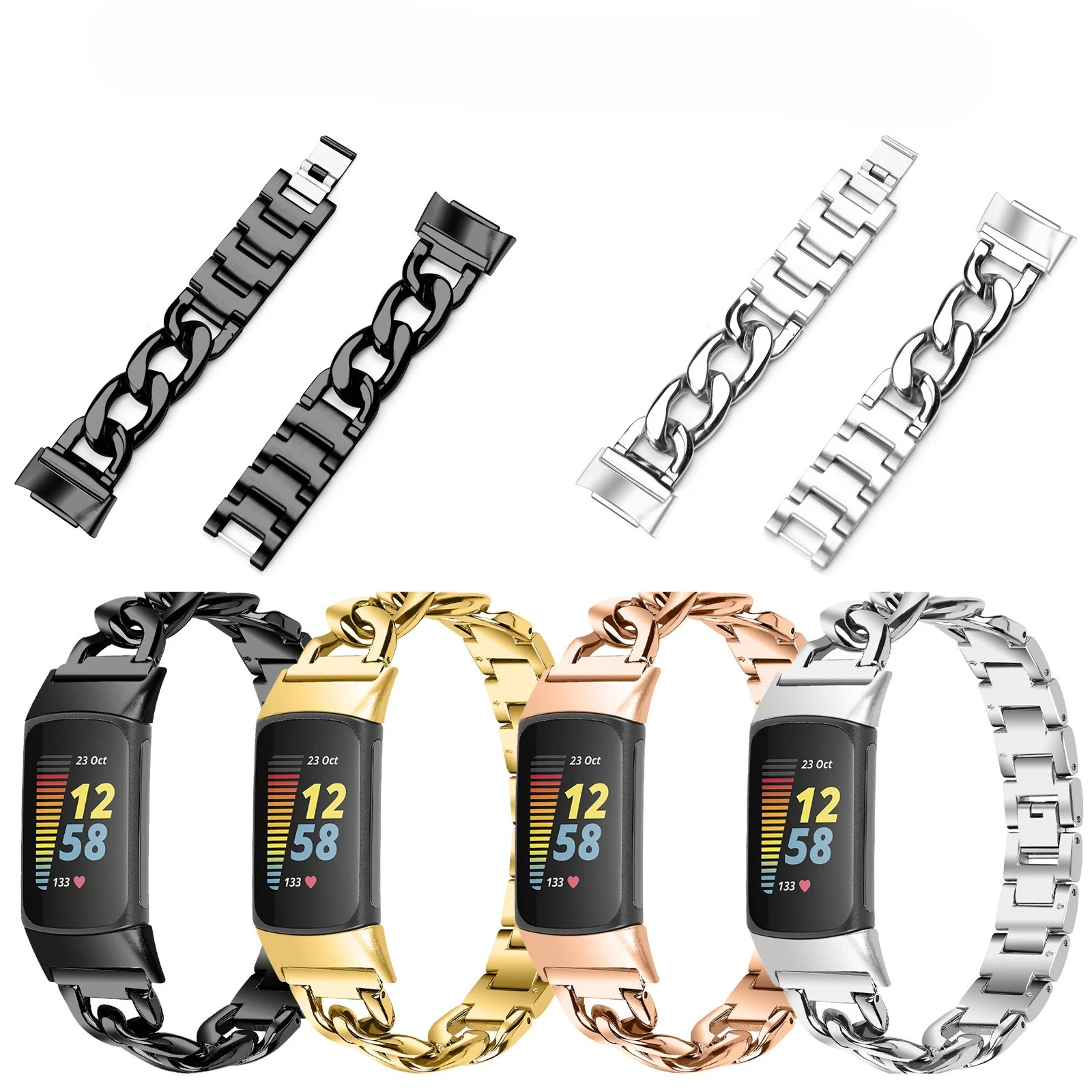 Kette Edelstahlarmband für Fitbit Charge5/6 Stilvolle Denim-Kette Metall-Schnellverschlussband