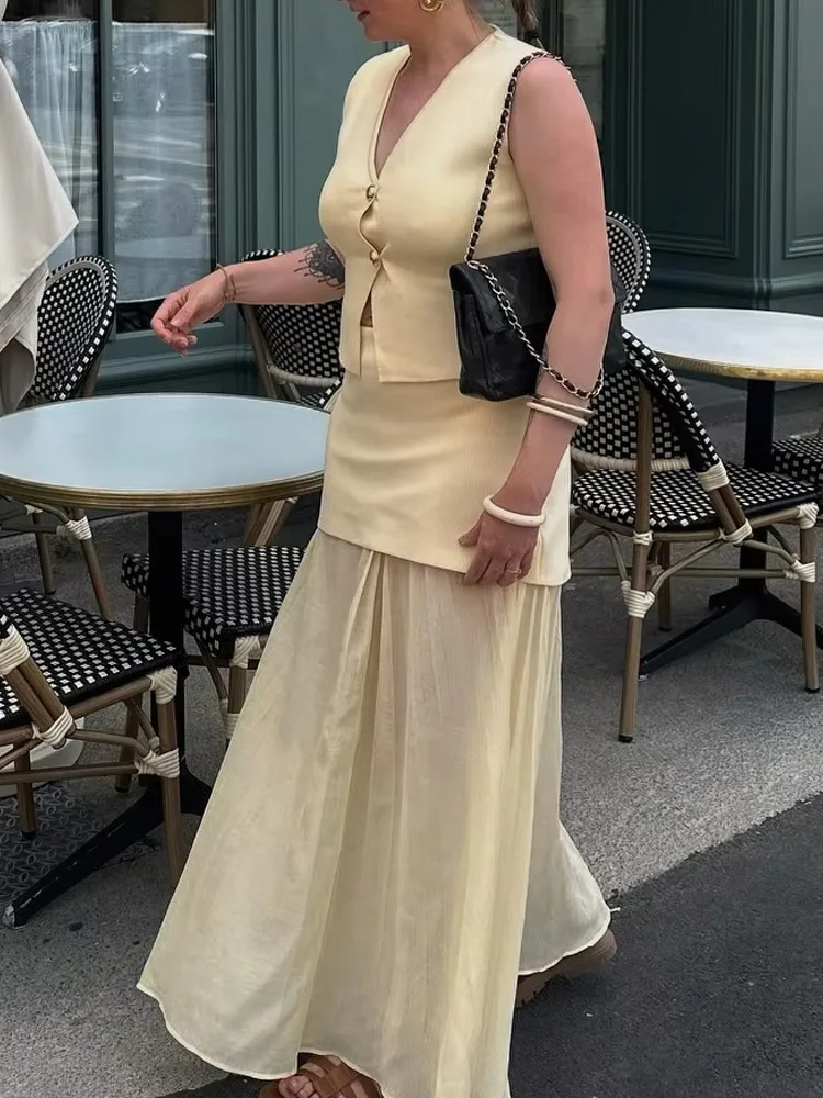 

HH летний элегантный женский вязаный тонкий жилет без рукавов с v-образным вырезом на пуговицах + модный комплект с длинной юбкой на молнии с высокой талией