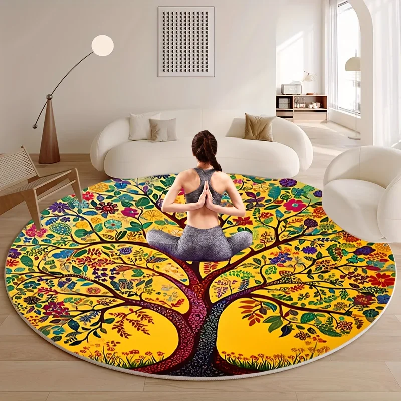 Flannel Printed Round Rug Tree Of Life Design Colorful Floral Pattern Yoga Meditation Theme Soft Floor Mat For Living Room