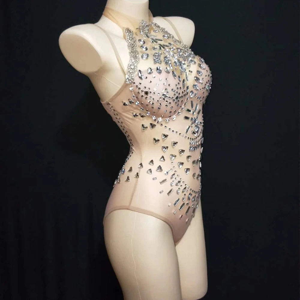 Monos de perspectiva de malla sin mangas con espalda descubierta para mujer, monos elásticos ajustados con diamantes brillantes, trajes de baile en Barra para club nocturno