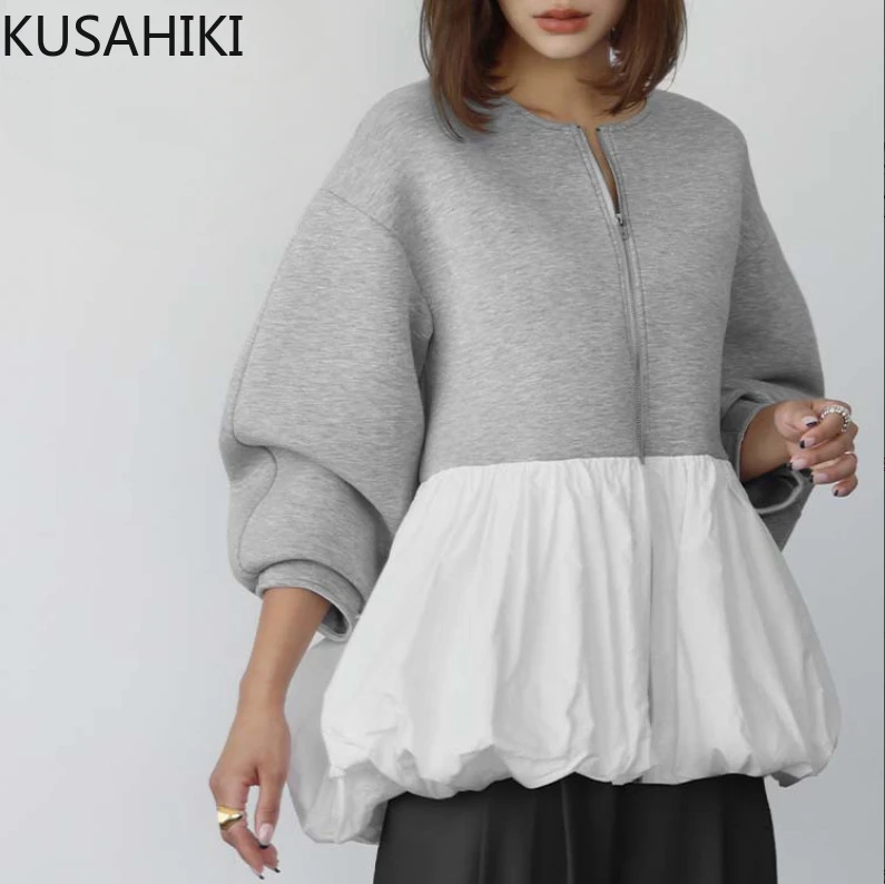 KUSAHIKI Japanese Splicing Lotus Leaf Edge Versatile Zipper Hoodie Coat