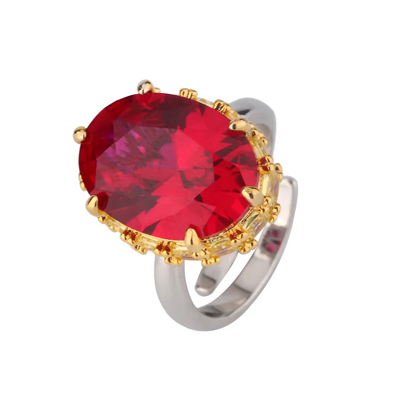Gold-Plated Copper Full Diamond Small Square Oval Egg-Shaped Large Pink Diamond Ring Fashion Luxury Red Corundum Emerald Women's
