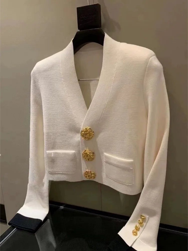 Vintage Elegant V-neck Cardigan Sweater For Women Gold Buttons Long Sleeve Knitwear Tops 2024 Autumn Fashion Chic Ladies Jumpers