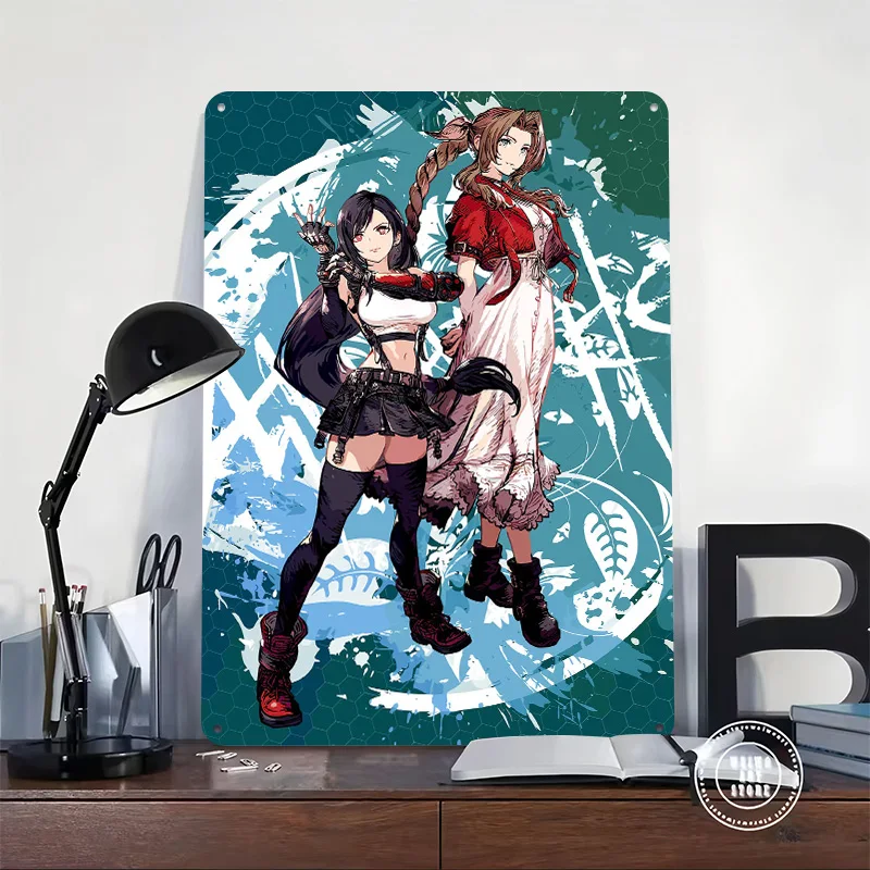 Tifa and Aerith Final Fantasy Artwork 3D Printed Texture Poster Personalized Wall Art Retro Metal Tin Signs for Vintage Decor