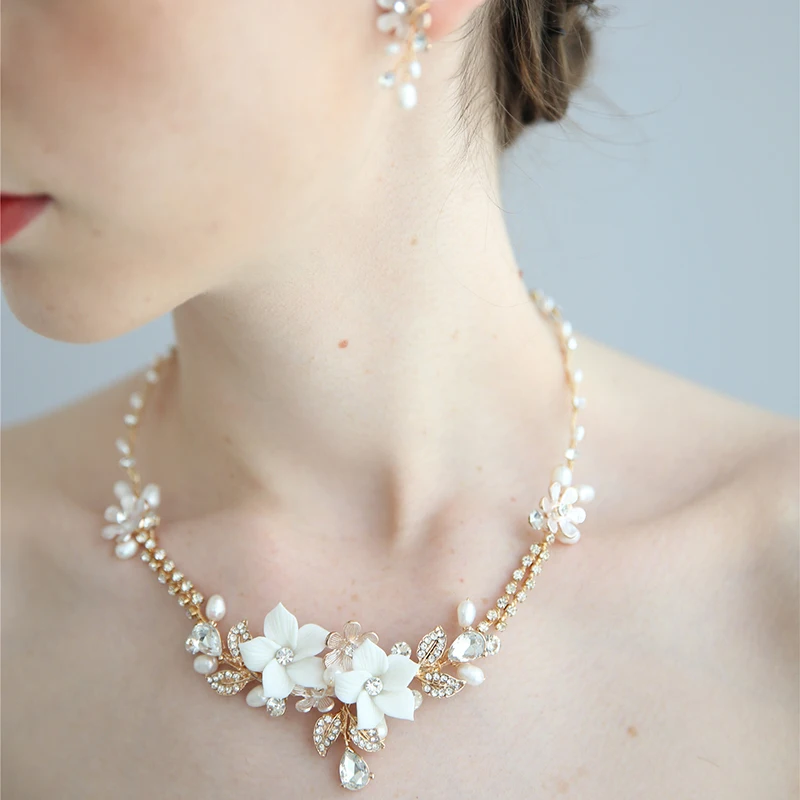 

Porcelain Flower Bridal Necklace Earrings Set Freshwater Pearls Wedding Prom Women Jewelry Accessories