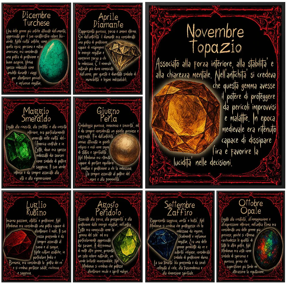 

Vintage Mystic Birthstone Witchcraft Magic Art Poster Print,Gothic Gemstone Wall Art Print,Unique Gift For Crystal&mysticism