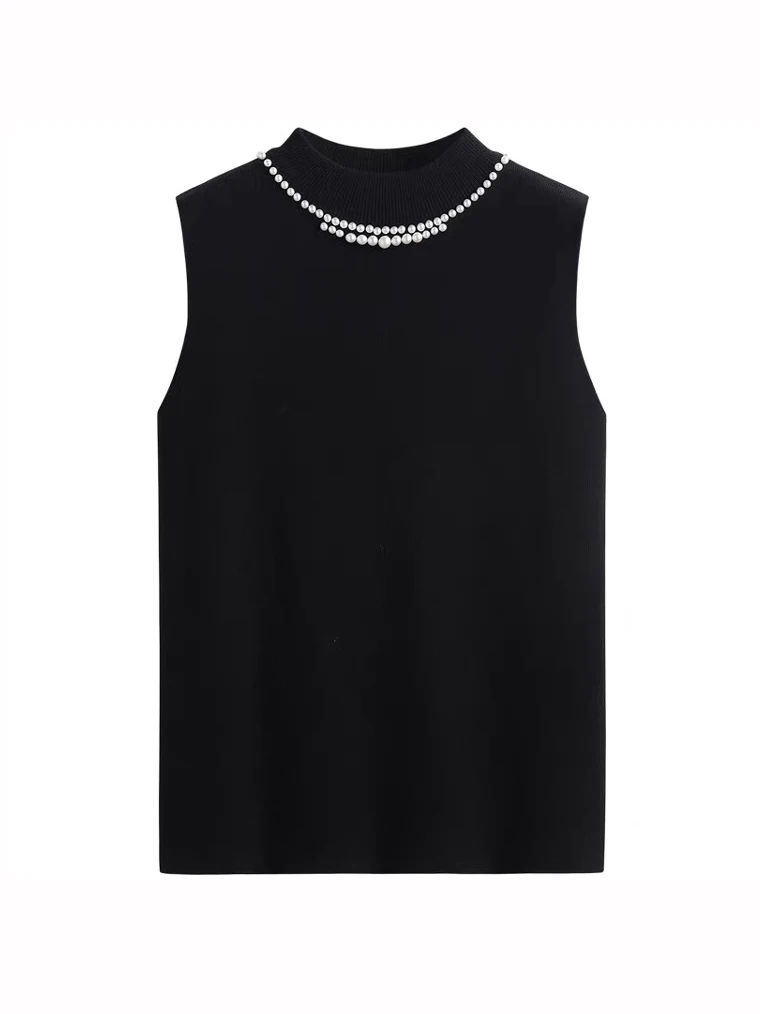 Fall Winter New Bottoming Sleeveless Vest Solid Camisole Inner Suit Beaded Sweaters Half Turtleneck Knitwear Tops B-023