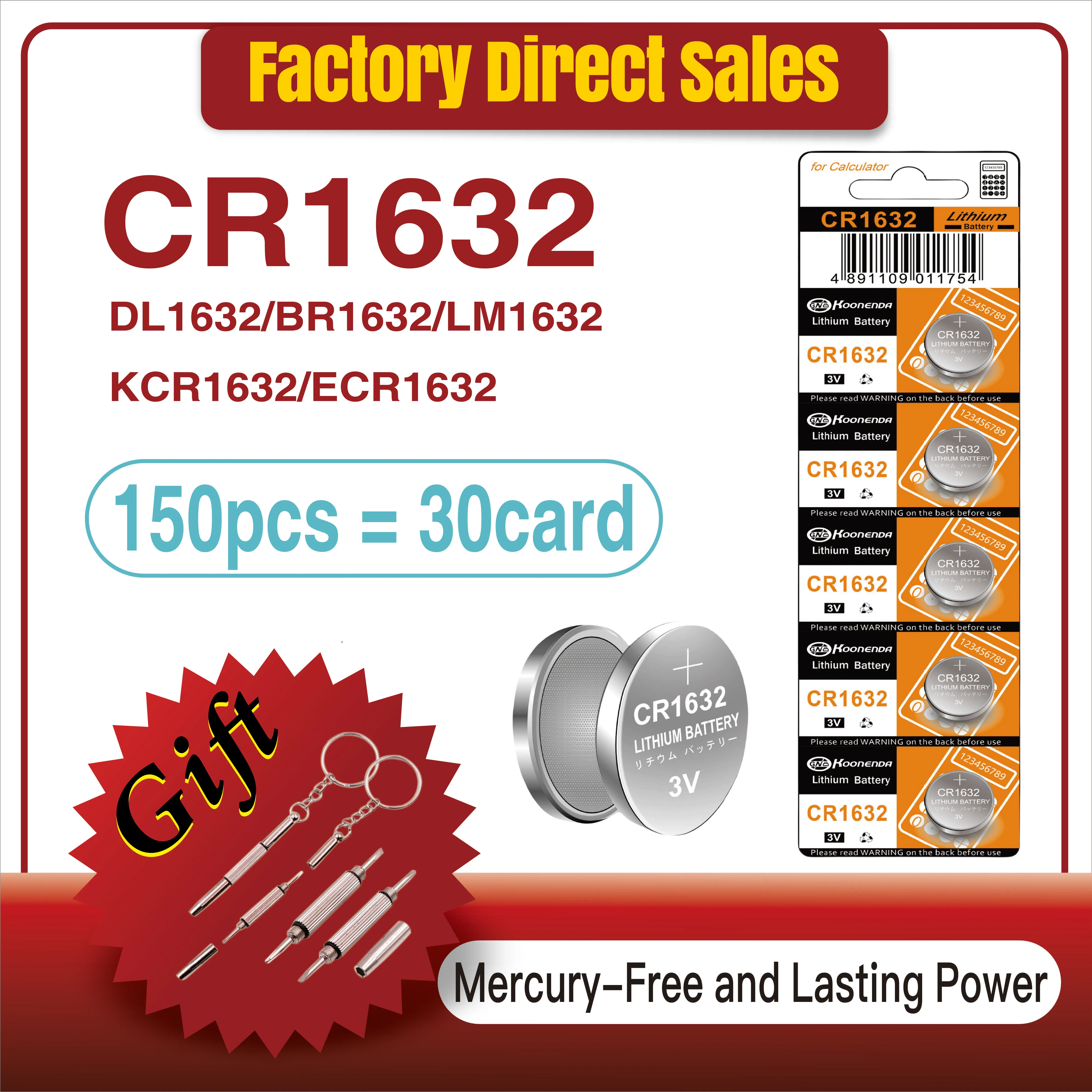 150PCS 3V 125mAh CR1632 Coin Cells Batteries CR 1632 DL1632 BR1632 LM1632 ECR1632 Lithium Button Battery For Watch Remote Key