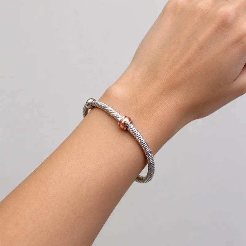 Rose Gold and Silver Twisted Cable Open Bangle with Round Ball Ends and Single Bead Spacer, 4mm Cable, Two Tone Chic Design, Hypoallergenic High Quality Alloy, Durable Polished, Lightweight Daily Wear, Minimalist Elegant Jewelry, Gift for Wife Mother